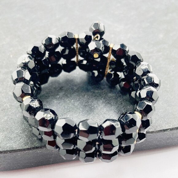 VINTAGE Black plastic beaded memory wire triple layer cuff bracelet 1950s 1960s - Picture 6 of 8